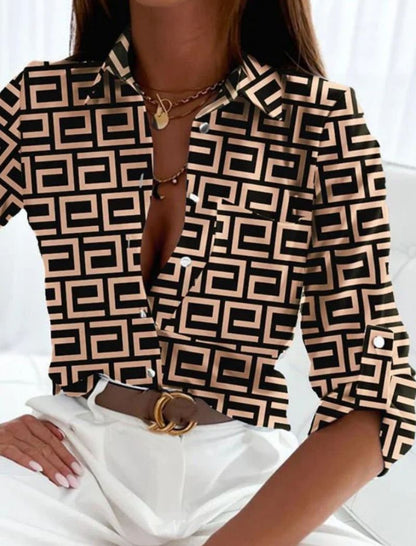 Femme Blouse Manches Longues avec Col Rabattu et Imprimé Graphique
