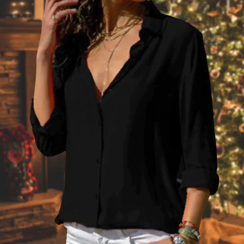 Femme Blouse Manches Longues col Chemise avec Boutons