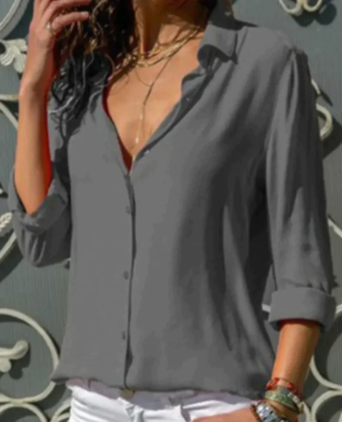 Femme Blouse Manches Longues col Chemise avec Boutons