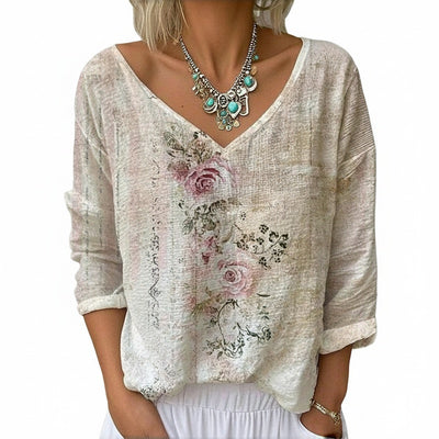 Femme Blouse Manches Longues col V à Imprimé Floral Vintage