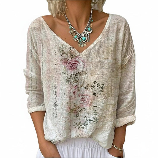 Femme Blouse Manches Longues col V à Imprimé Floral Vintage