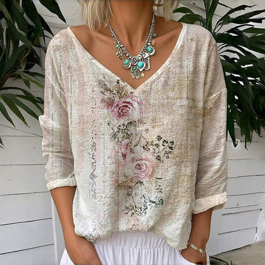 Femme Blouse Manches Longues col V à Imprimé Floral Vintage