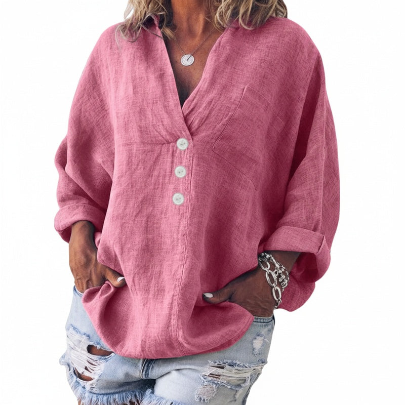 Femme Blouse Manches Longues col V avec Boutons et Poche