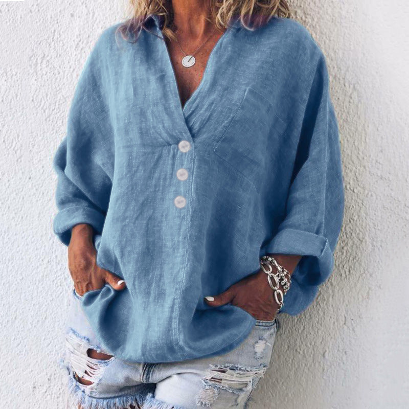 Femme Blouse Manches Longues col V avec Boutons et Poche