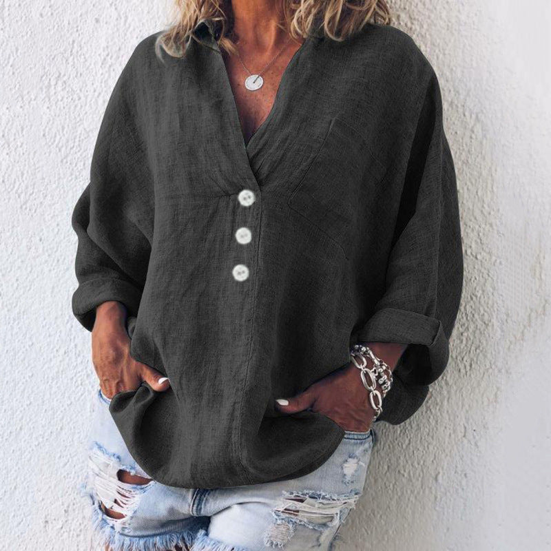 Femme Blouse Manches Longues col V avec Boutons et Poche
