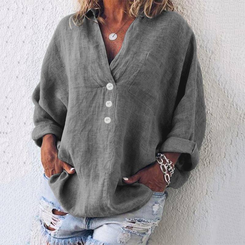 Femme Blouse Manches Longues col V avec Boutons et Poche