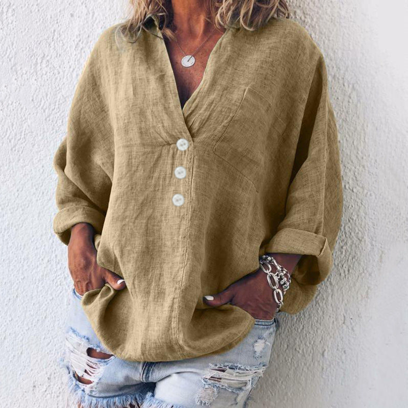 Femme Blouse Manches Longues col V avec Boutons et Poche