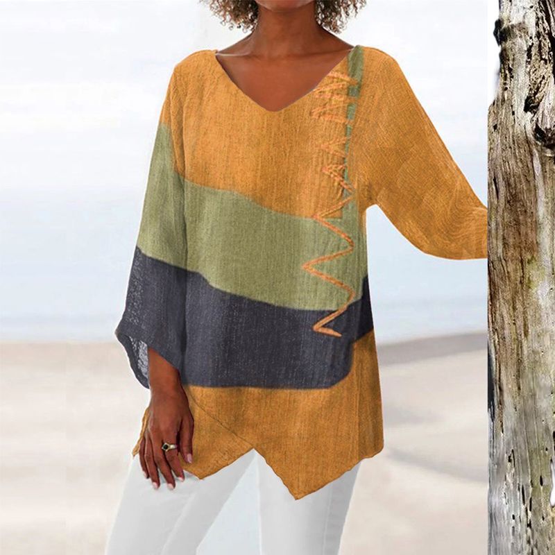 Femme Blouse Manches Trois-Quarts à Col en V et Ourlet Asymétrique avec Imprimé Artistique