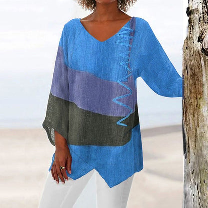 Femme Blouse Manches Trois-Quarts à Col en V et Ourlet Asymétrique avec Imprimé Artistique