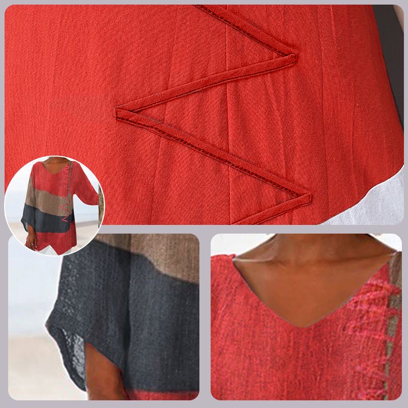Femme Blouse Manches Trois-Quarts à Col en V et Ourlet Asymétrique avec Imprimé Artistique