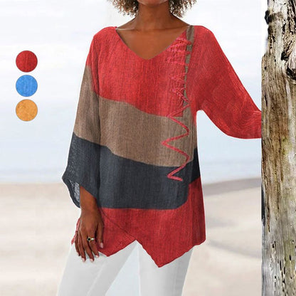 Femme Blouse Manches Trois-Quarts à Col en V et Ourlet Asymétrique avec Imprimé Artistique