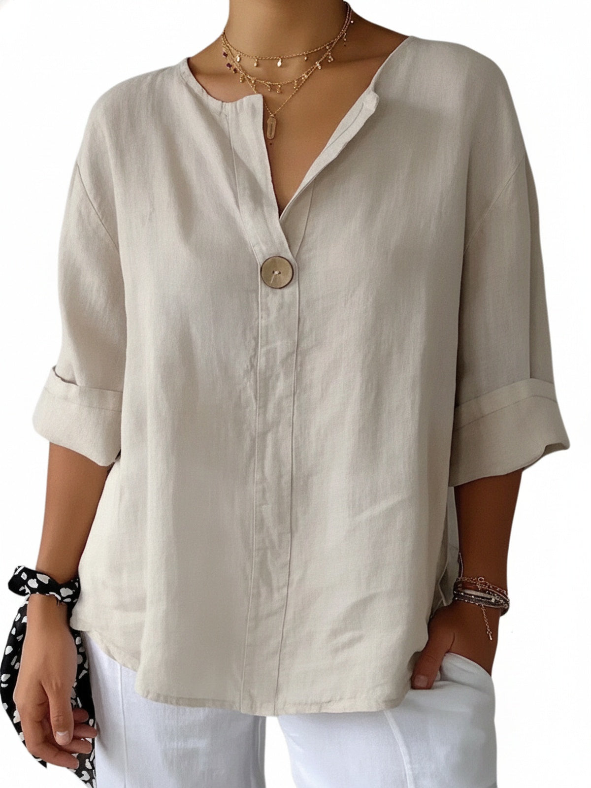 Femme Blouse Manches Trois-Quarts avec Col en V et Bouton Oversize