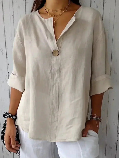 Femme Blouse Manches Trois-Quarts avec Col en V et Bouton Oversize