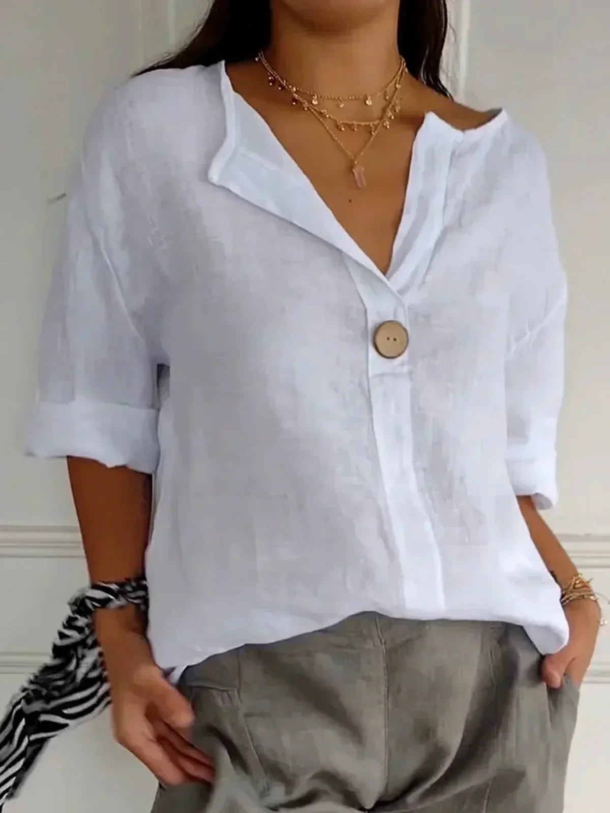 Femme Blouse Manches Trois-Quarts avec Col en V et Bouton Oversize