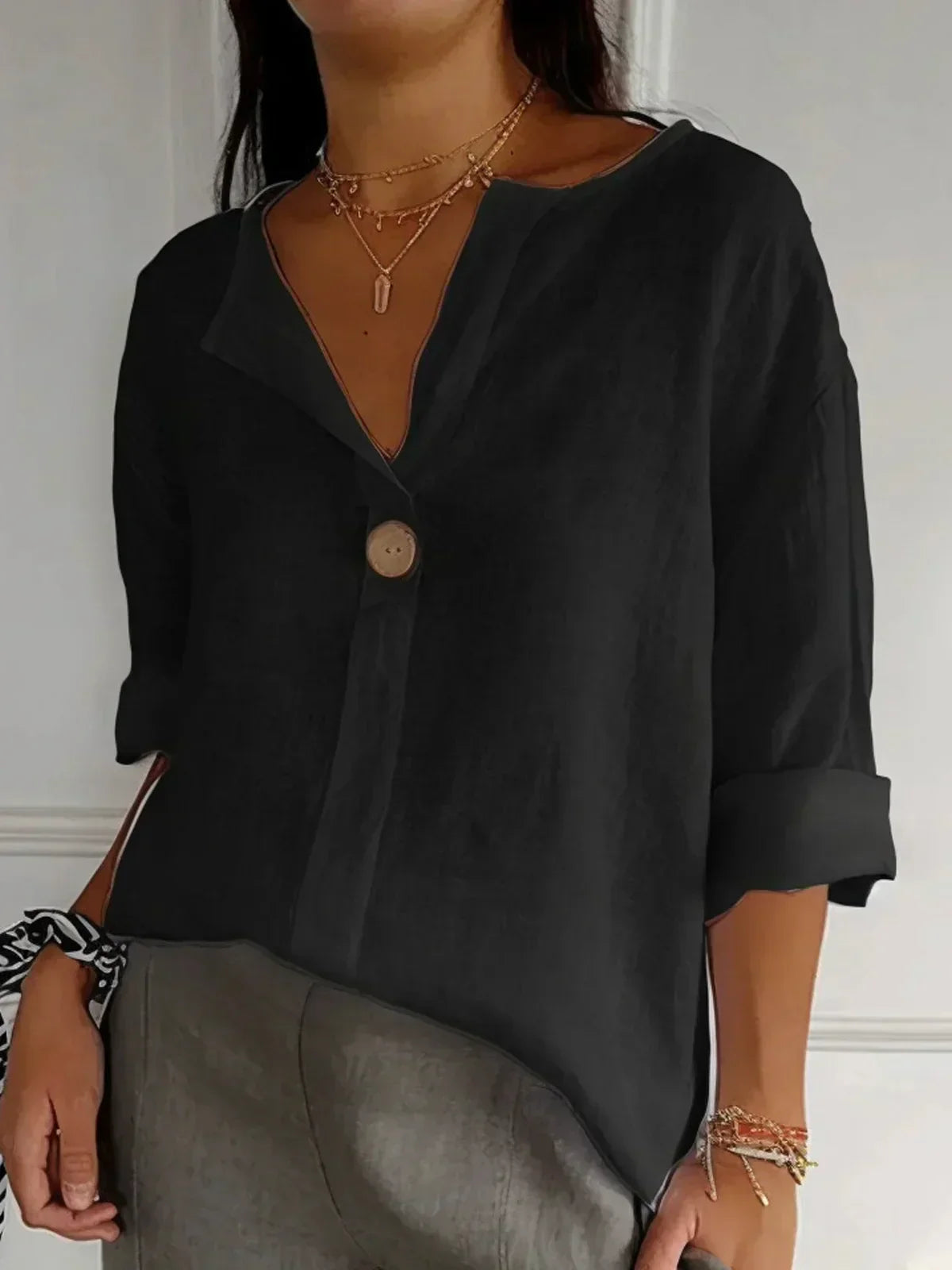 Femme Blouse Manches Trois-Quarts avec Col en V et Bouton Oversize