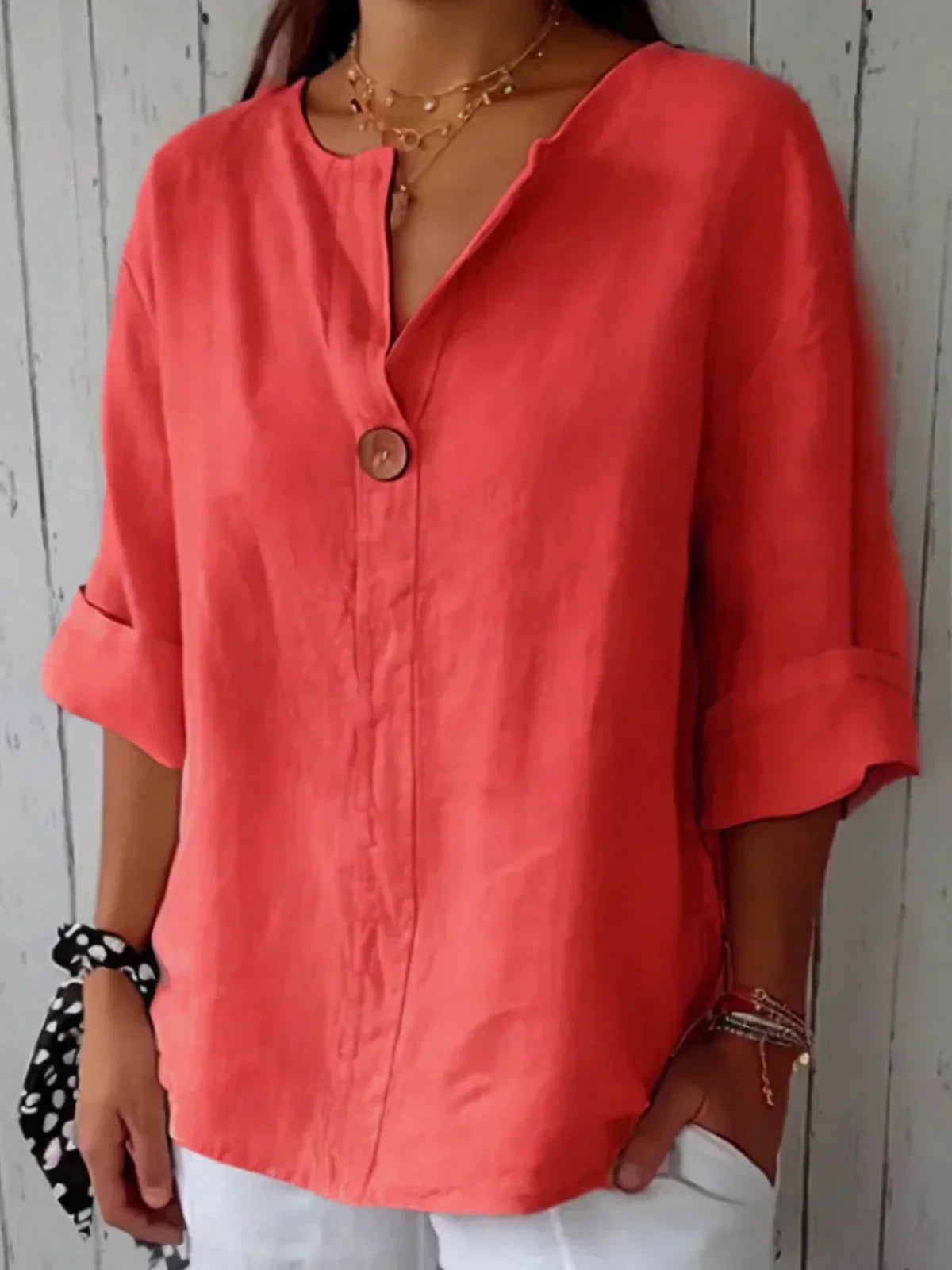 Femme Blouse Manches Trois-Quarts avec Col en V et Bouton Oversize