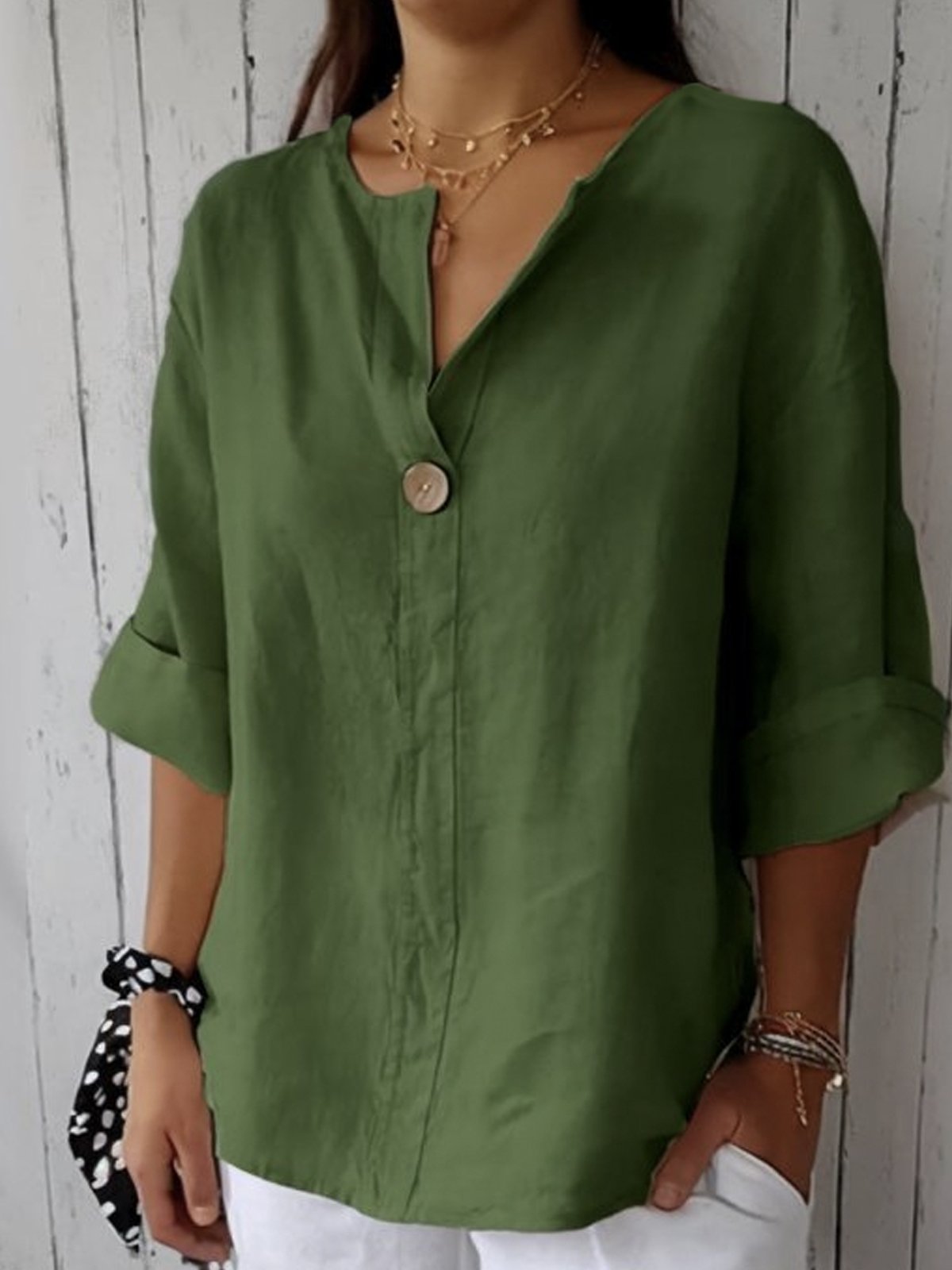 Femme Blouse Manches Trois-Quarts avec Col en V et Bouton Oversize