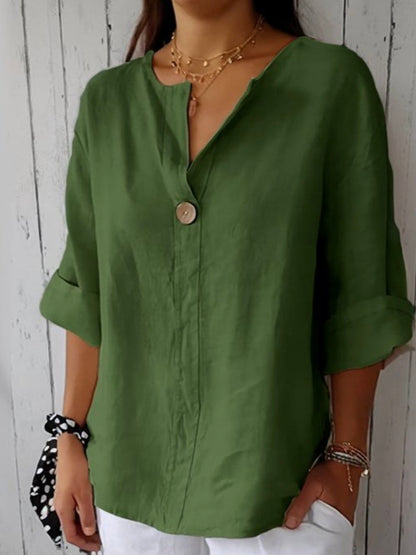 Femme Blouse Manches Trois-Quarts avec Col en V et Bouton Oversize