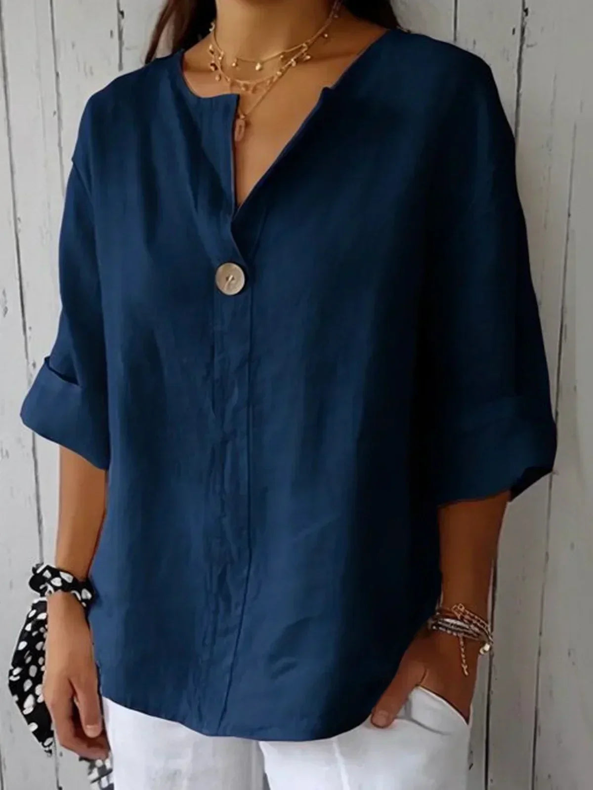 Femme Blouse Manches Trois-Quarts avec Col en V et Bouton Oversize