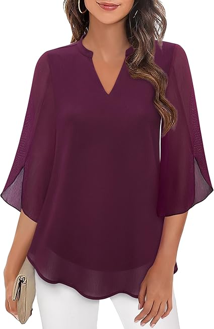 Femme Blouse Manches Trois-Quarts avec Col V et Coupe Ample