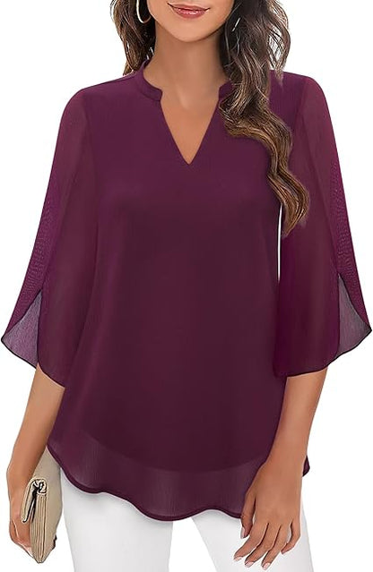 Femme Blouse Manches Trois-Quarts avec Col V et Coupe Ample
