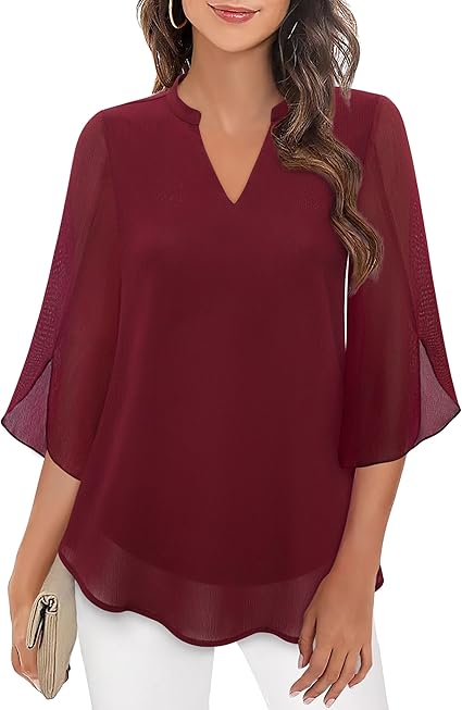 Femme Blouse Manches Trois-Quarts avec Col V et Coupe Ample