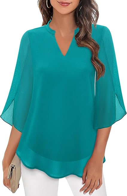 Femme Blouse Manches Trois-Quarts avec Col V et Coupe Ample