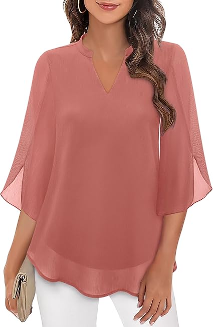 Femme Blouse Manches Trois-Quarts avec Col V et Coupe Ample