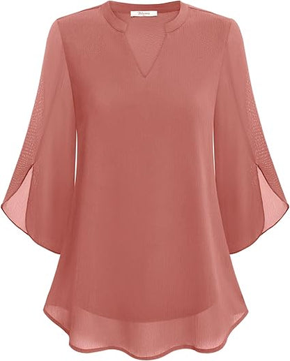 Femme Blouse Manches Trois-Quarts avec Col V et Coupe Ample