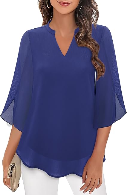 Femme Blouse Manches Trois-Quarts avec Col V et Coupe Ample