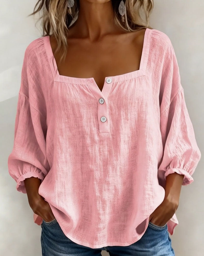 Femme Blouse Manches Trois-Quarts avec Encolure Carrée et Boutons