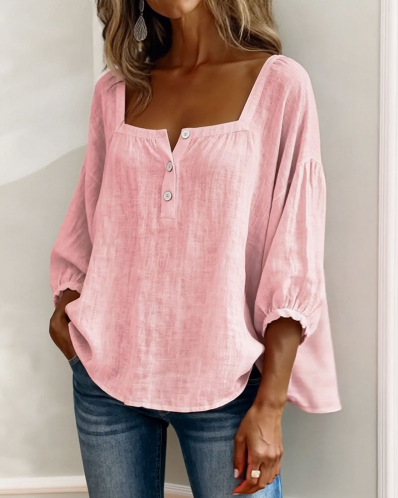Femme Blouse Manches Trois-Quarts avec Encolure Carrée et Boutons