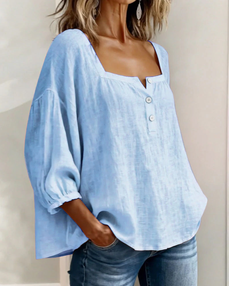 Femme Blouse Manches Trois-Quarts avec Encolure Carrée et Boutons