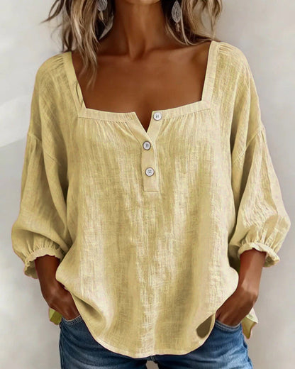 Femme Blouse Manches Trois-Quarts avec Encolure Carrée et Boutons