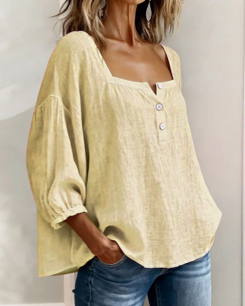 Femme Blouse Manches Trois-Quarts avec Encolure Carrée et Boutons