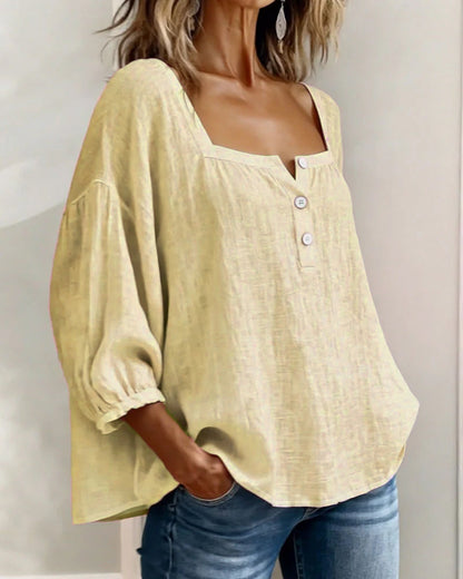 Femme Blouse Manches Trois-Quarts avec Encolure Carrée et Boutons