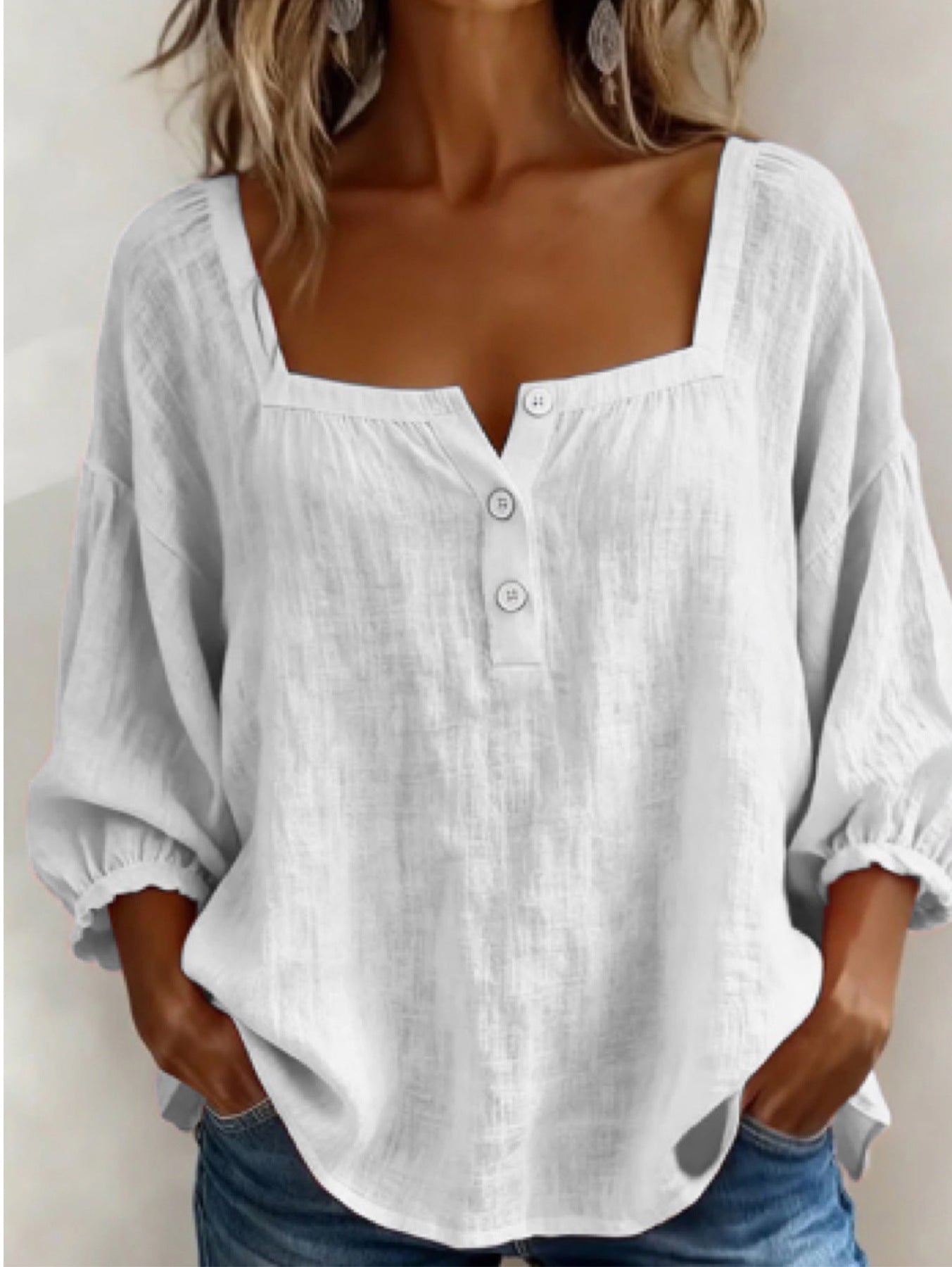 Femme Blouse Manches Trois-Quarts avec Encolure Carrée et Boutons