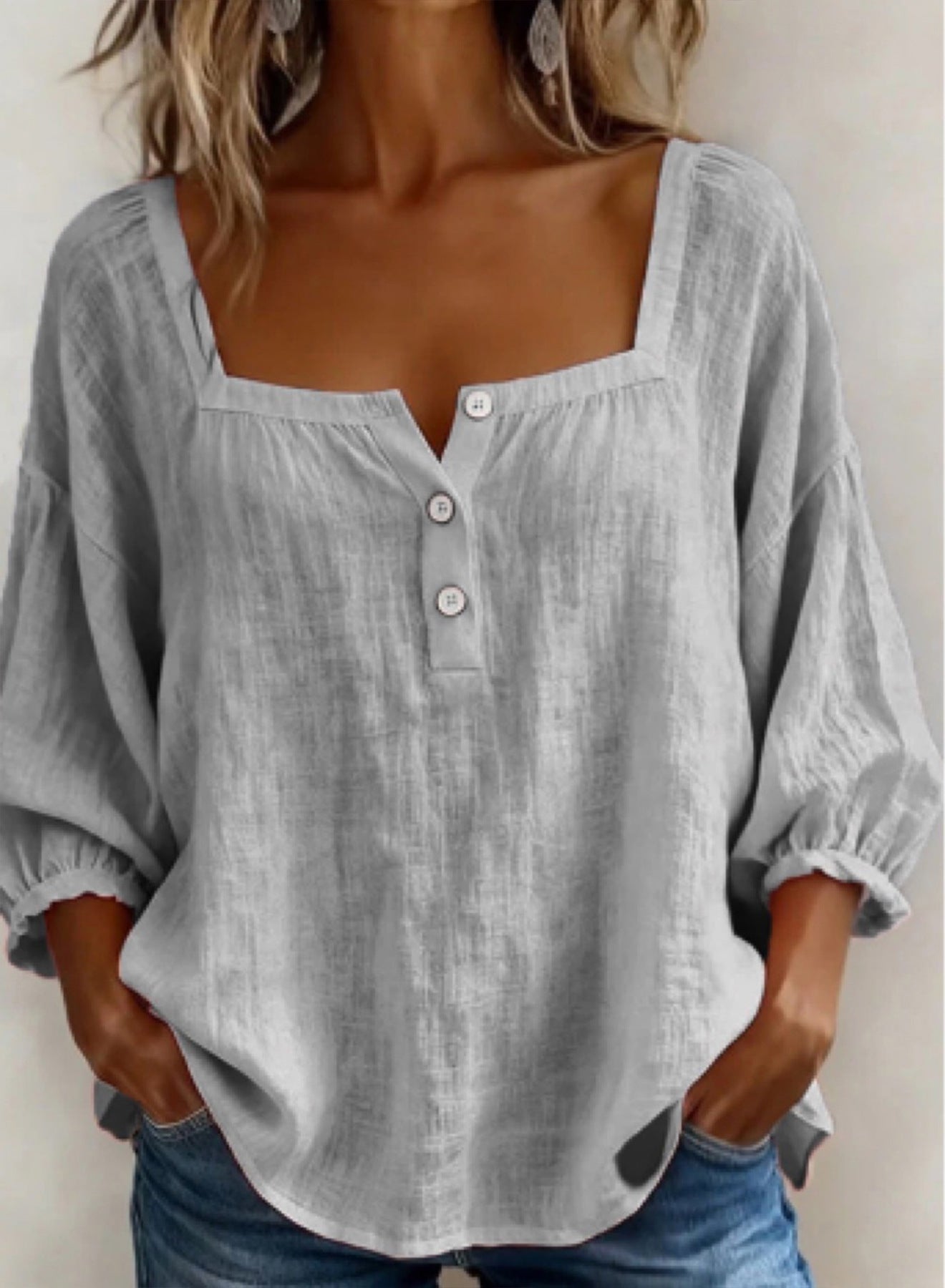 Femme Blouse Manches Trois-Quarts avec Encolure Carrée et Boutons