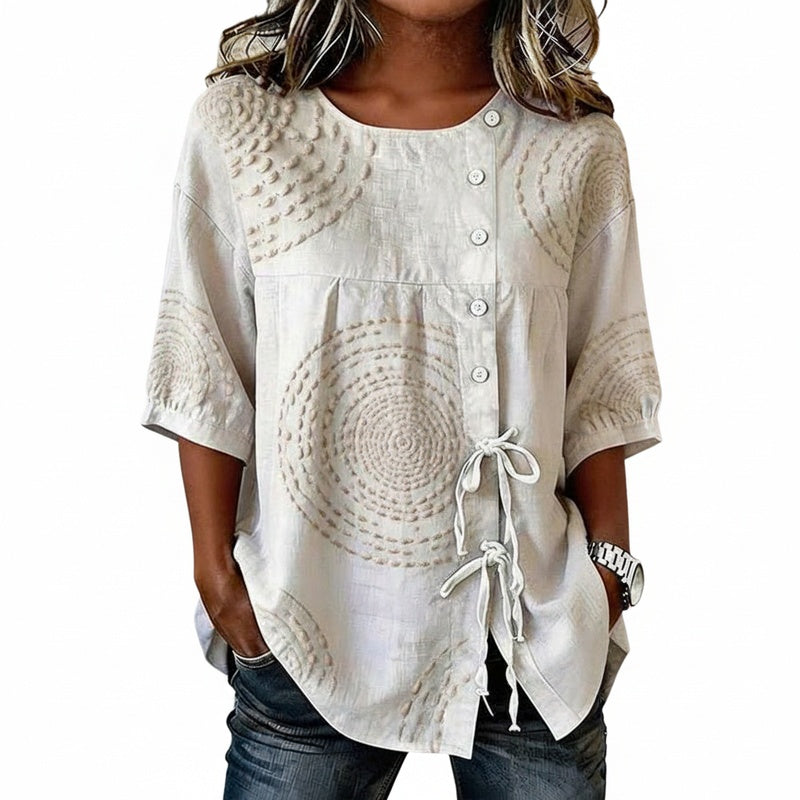 Femme Blouse Manches Trois-Quarts Col Rond avec Broderie et Lacets