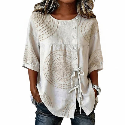 Femme Blouse Manches Trois-Quarts Col Rond avec Broderie et Lacets