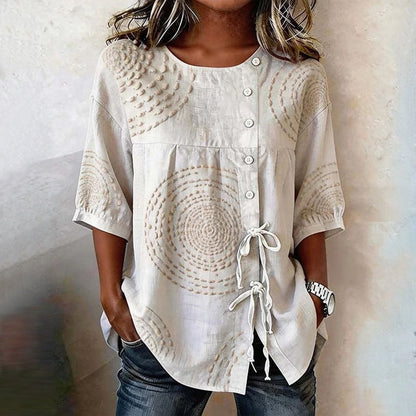 Femme Blouse Manches Trois-Quarts Col Rond avec Broderie et Lacets