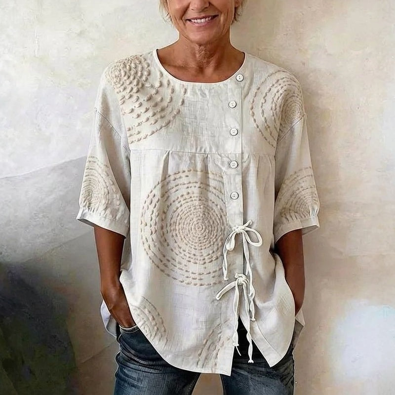 Femme Blouse Manches Trois-Quarts Col Rond avec Broderie et Lacets
