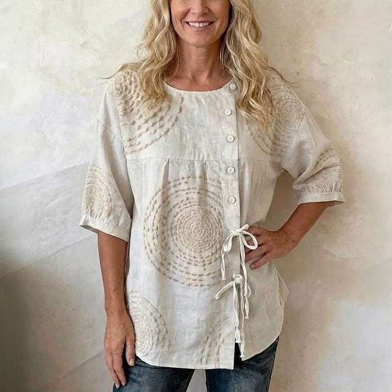 Femme Blouse Manches Trois-Quarts Col Rond avec Broderie et Lacets