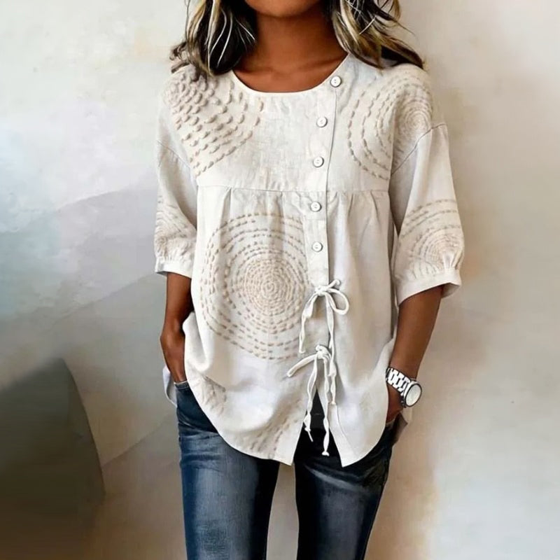 Femme Blouse Manches Trois-Quarts Col Rond avec Broderie et Lacets