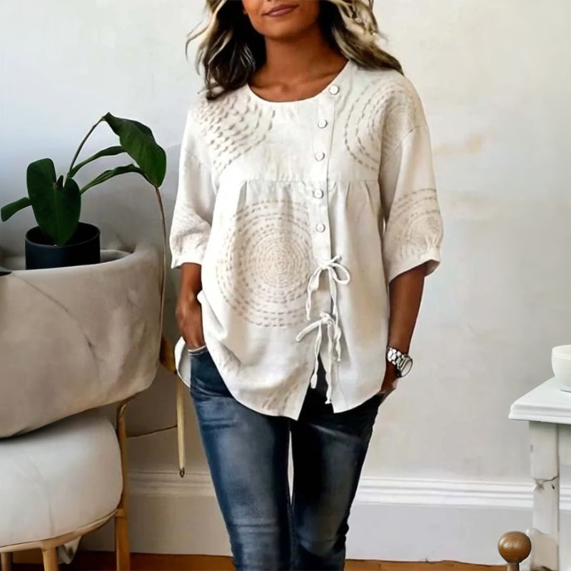 Femme Blouse Manches Trois-Quarts Col Rond avec Broderie et Lacets