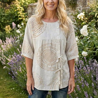 Femme Blouse Manches Trois-Quarts Col Rond avec Broderie et Lacets
