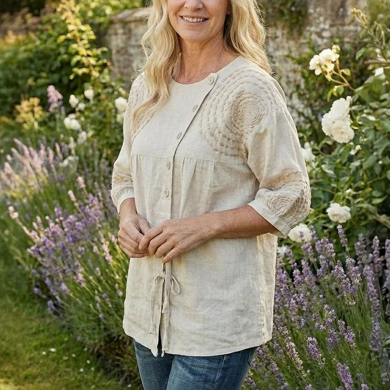Femme Blouse Manches Trois-Quarts Col Rond avec Broderie et Lacets