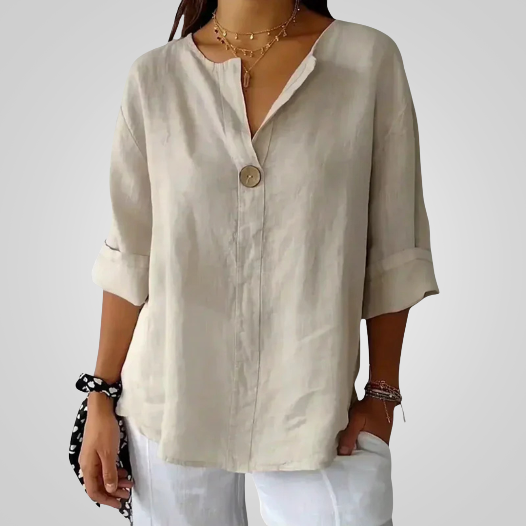 Femme Blouse Oversize col V avec Manches Trois-quarts et Bouton Décoratif