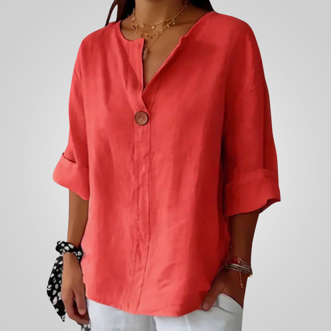 Femme Blouse Oversize col V avec Manches Trois-quarts et Bouton Décoratif
