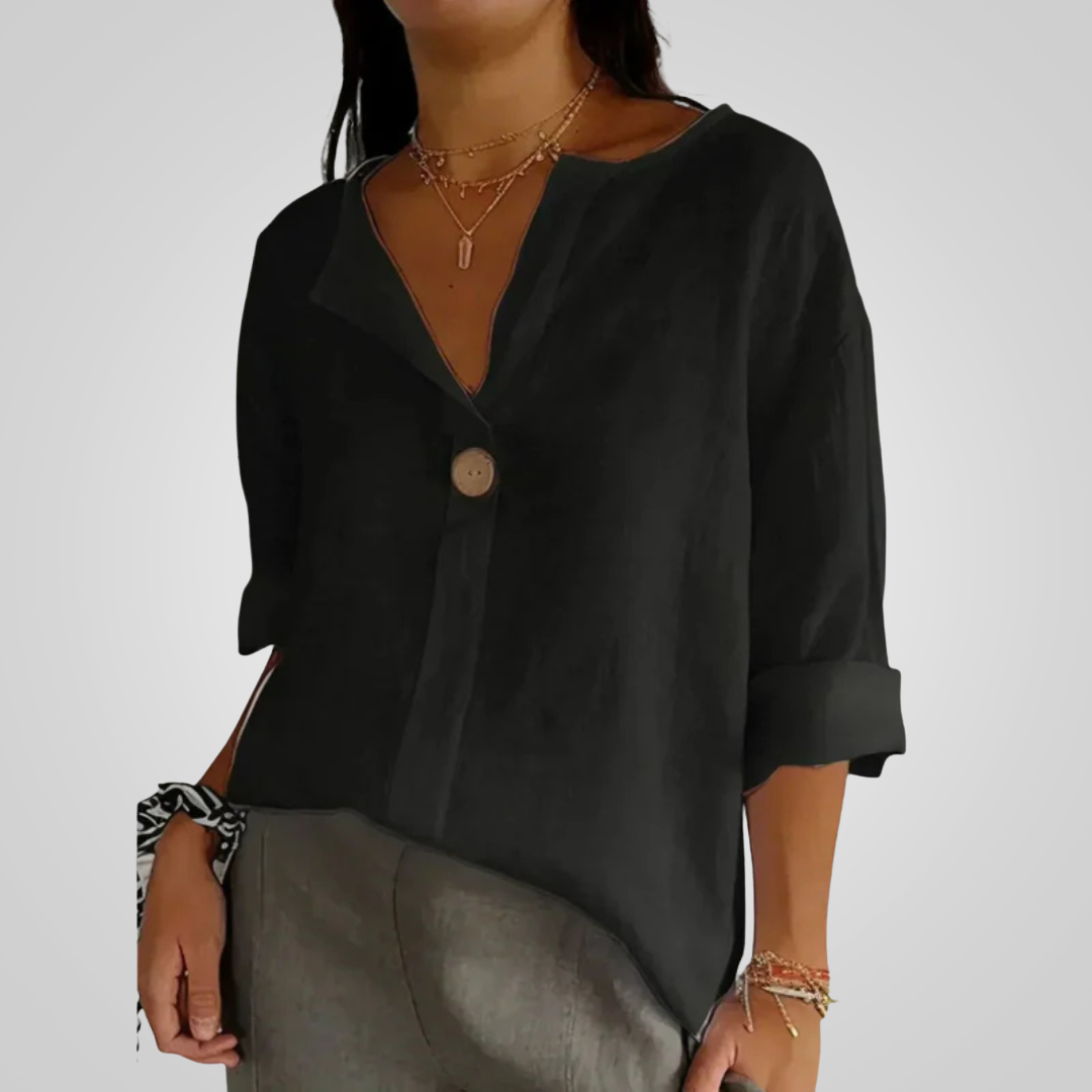 Femme Blouse Oversize col V avec Manches Trois-quarts et Bouton Décoratif